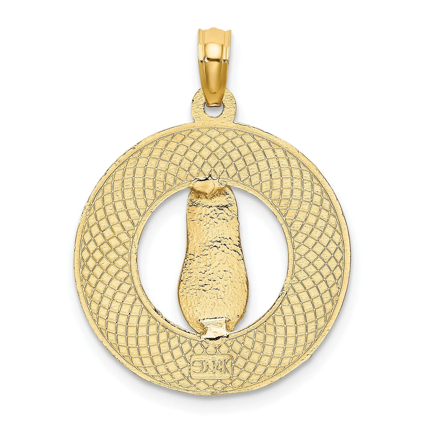 14K Yellow Gold Texture Polished Finish Solid Flat Back LIFES A BEACH Circle Shape with Flip-FlopSandle Design Charm Pendant