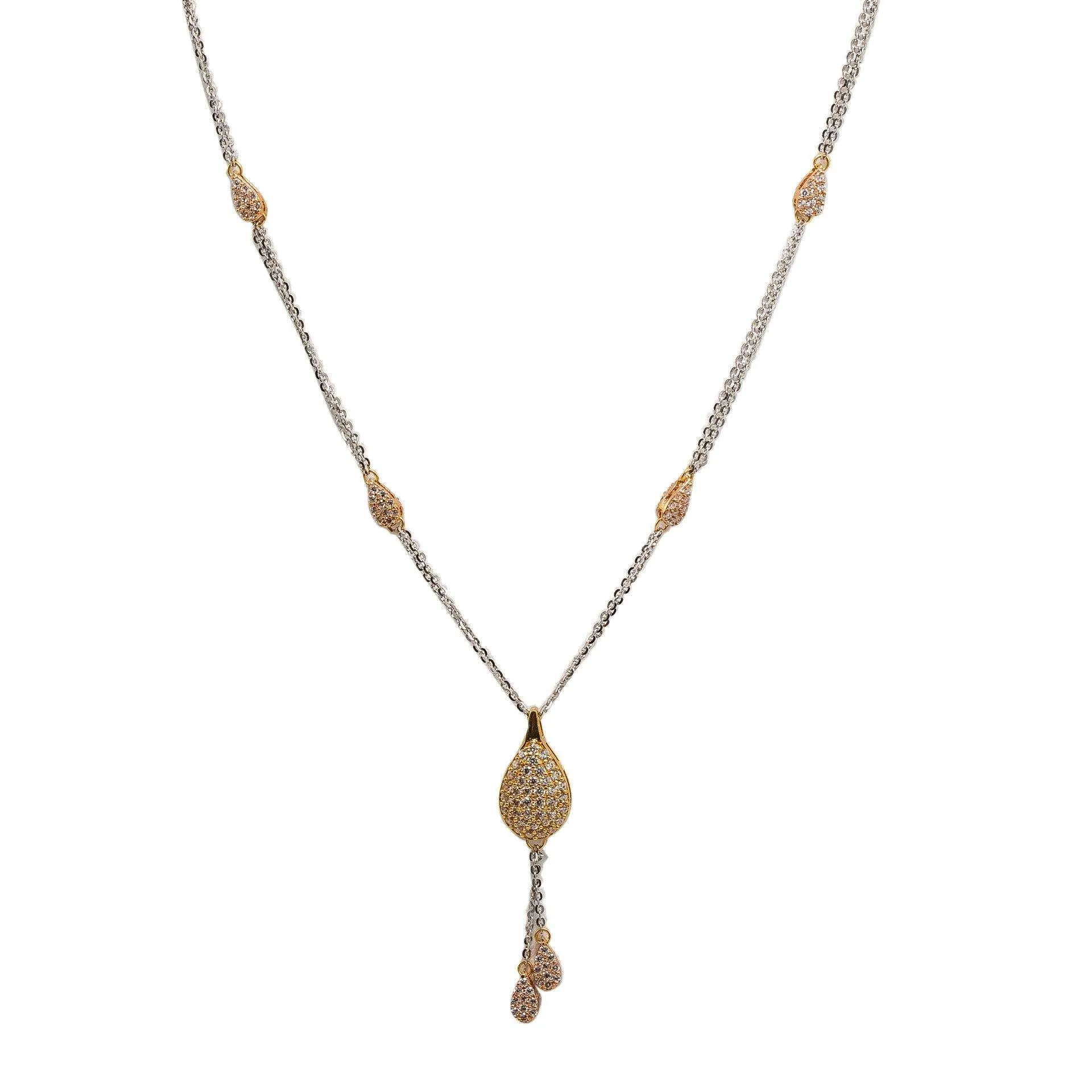 22K Multi Tone Gold Chain Necklace W/ CZ Gemstones & Teardrop Tassel Pendant