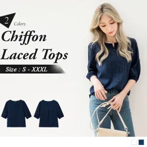 3/4 SLEEVE LACED SPLICE BUCKLE CHIFFON TOPS