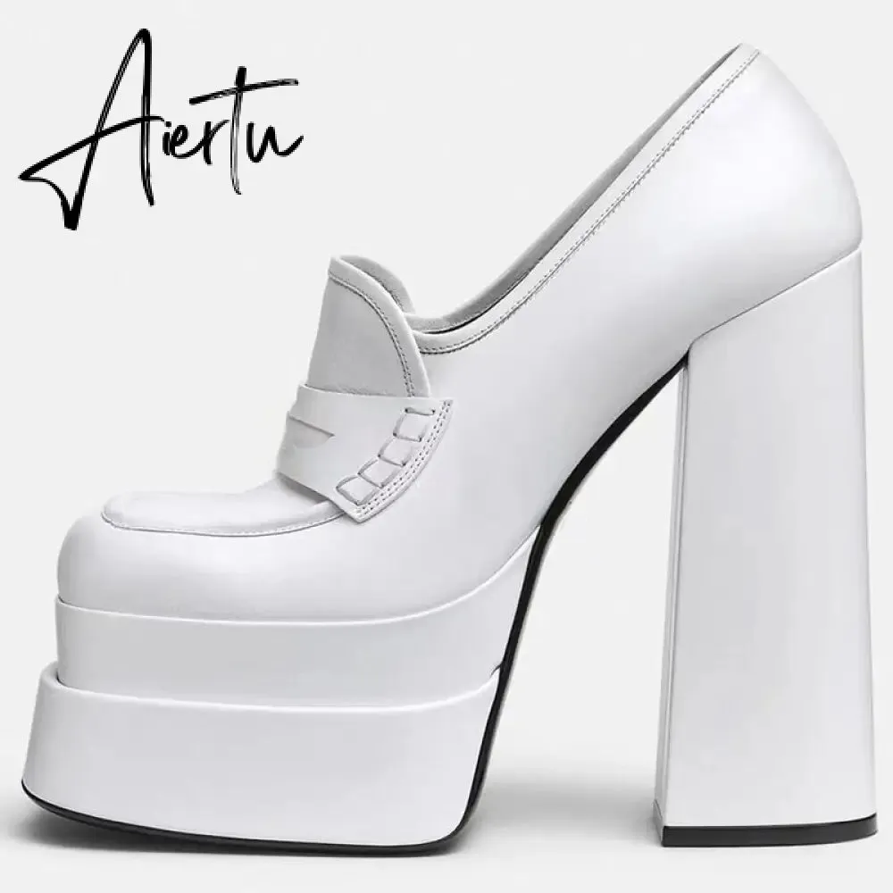 Aiertu Women High Heel Platform Hoof Heels Loafers Women Pumps New Square Toe Fashion Shoes Plus Size Shoes Sexy Dress Shoes