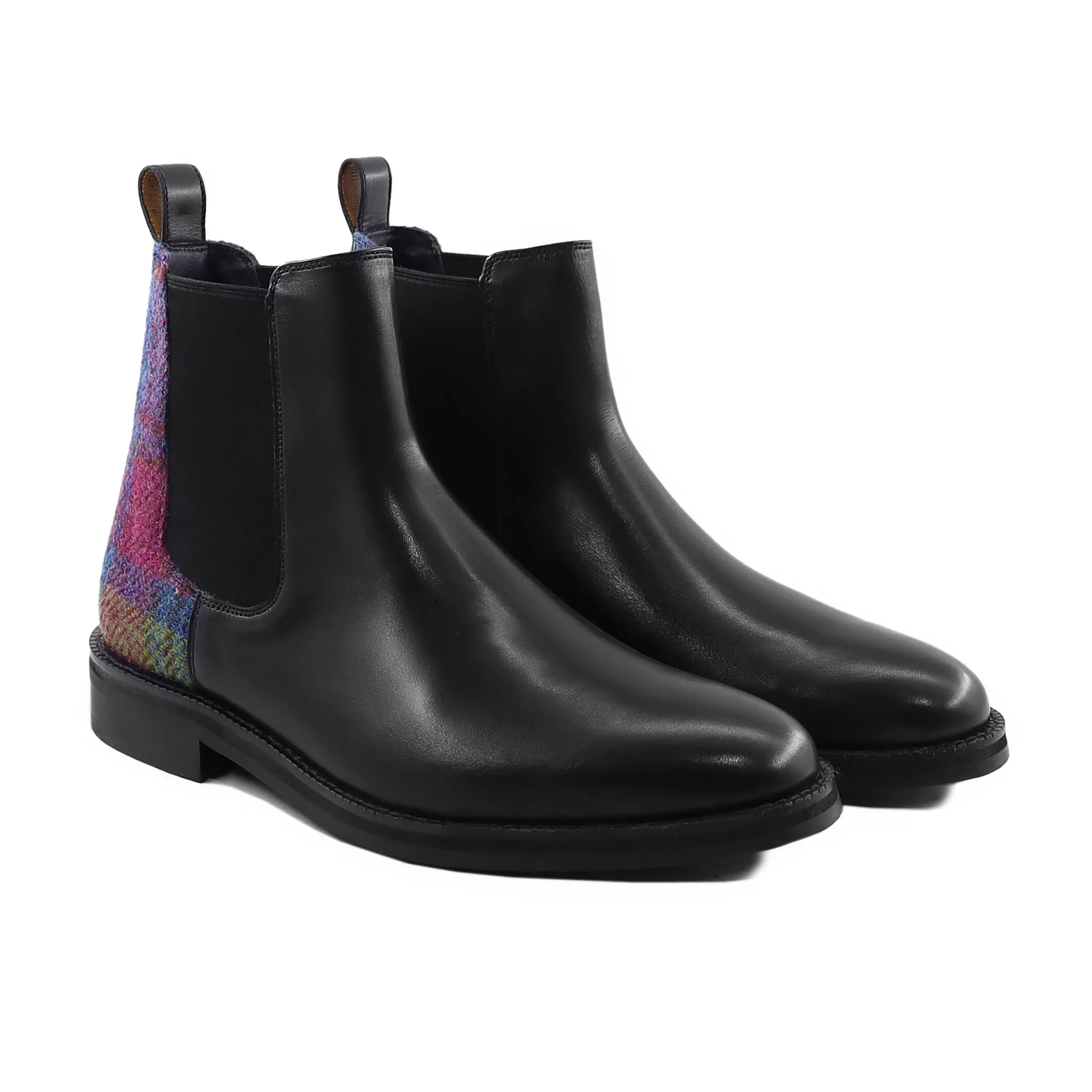 Algeni - Men's Black Calf Leather and Harris Tweed Chelsea Boot