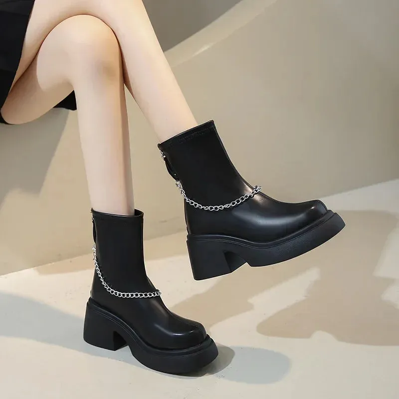 Amozae-Chunky Heel Chelsea Boots for Women New Luxury Short Boots Ladies Round Head Metal Chain Black Winter Platform Boots for Women