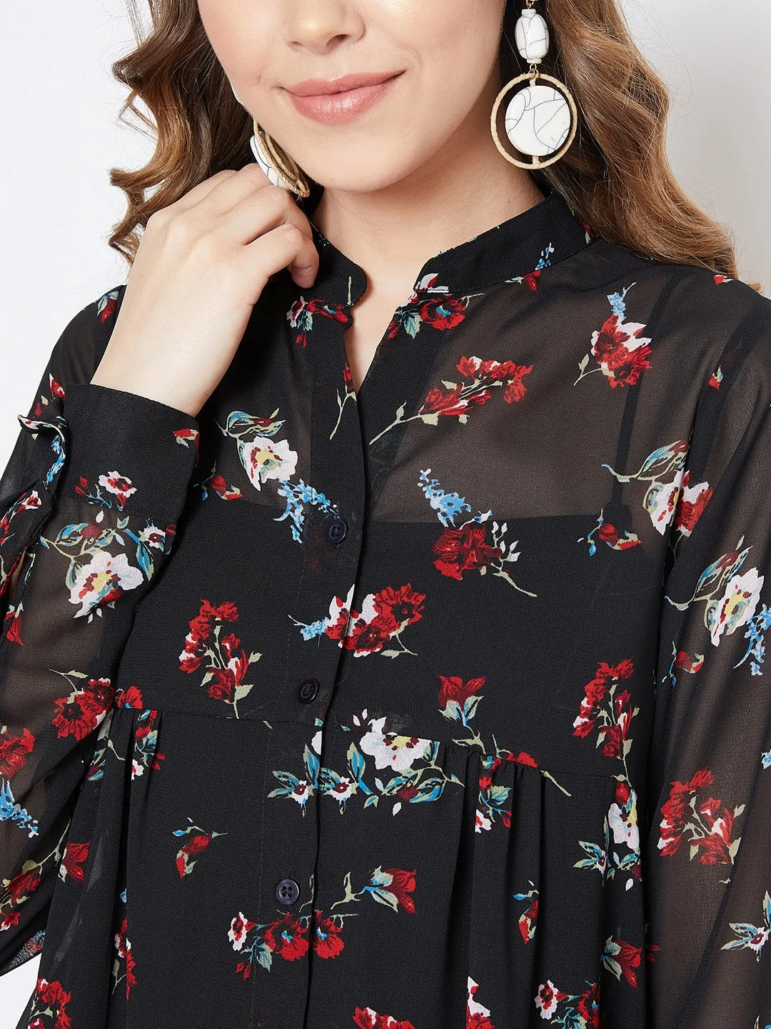 Berrylush Women Black Floral Button Mandarin Collar High-Low Top