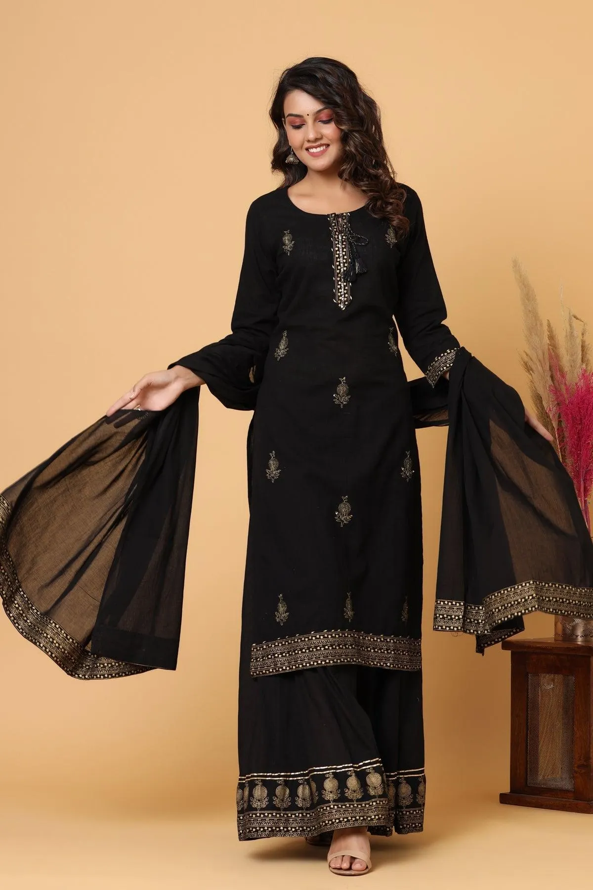 Black Gold Embellished Cotton Kurta Sharara With Dupatta