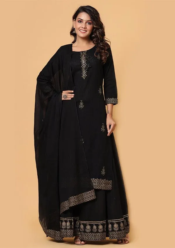 Black Gold Embellished Cotton Kurta Sharara With Dupatta