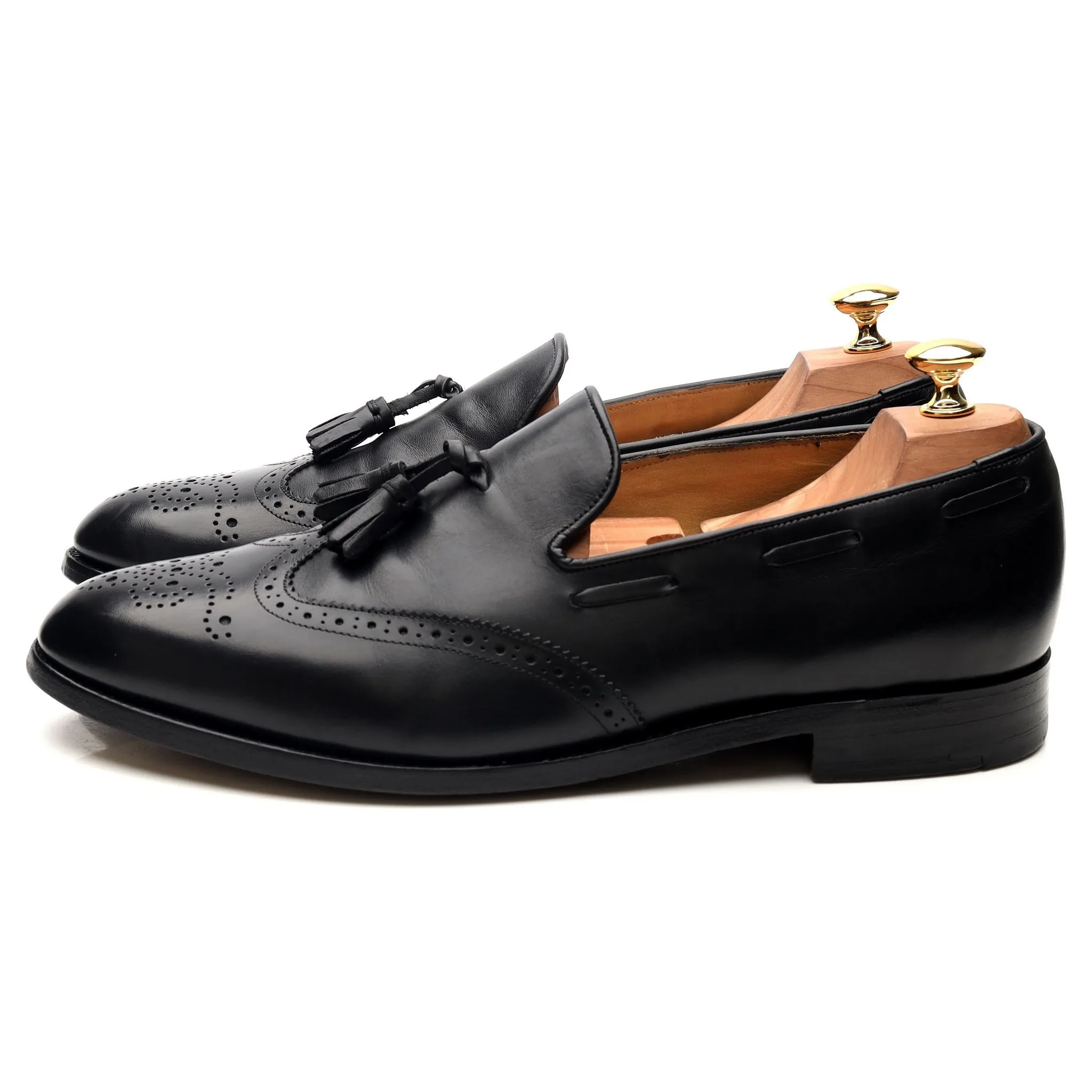 Black Leather Wing Cap Tassel Loafers UK 10 F