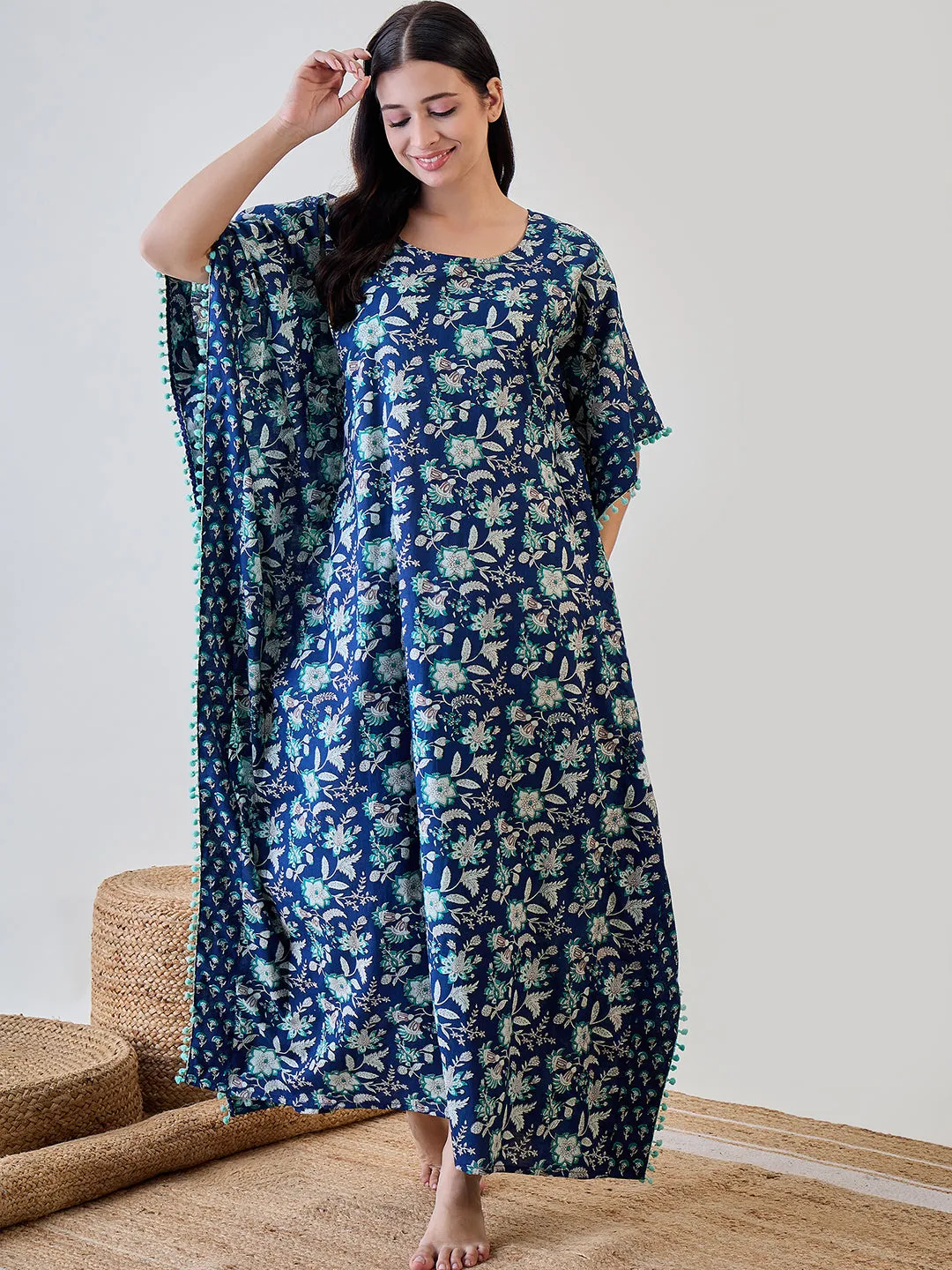 Blue Floral Tassel Pom Pom Lace Embellished Cotton Kaftan Nightdress