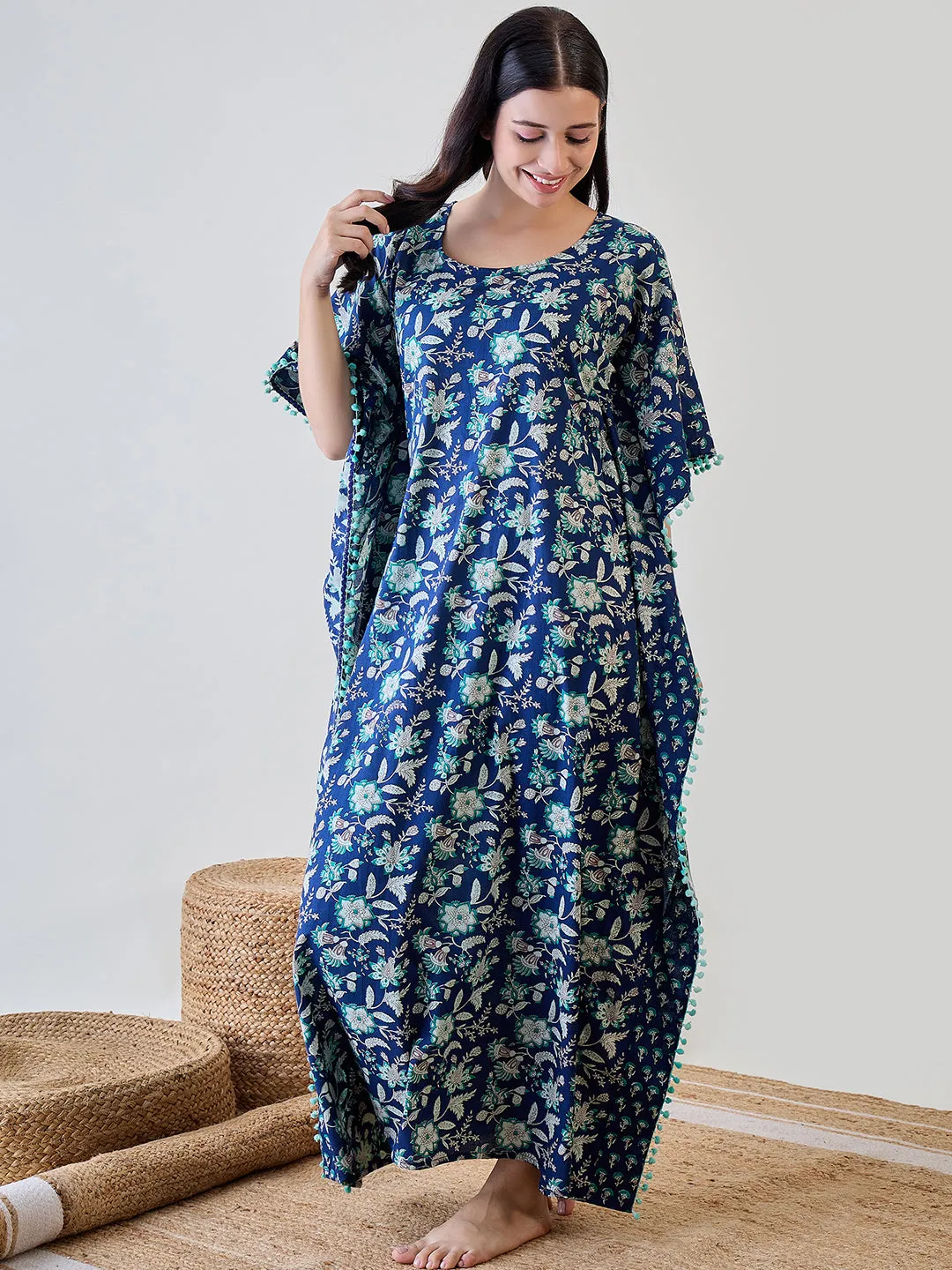 Blue Floral Tassel Pom Pom Lace Embellished Cotton Kaftan Nightdress