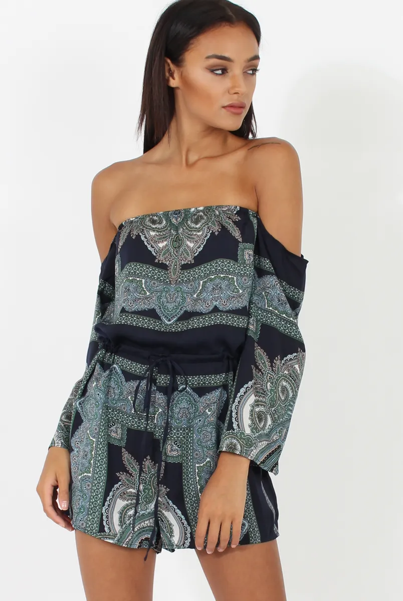 Blue Paisley Off The Shoulder Playsuit - Chelsey