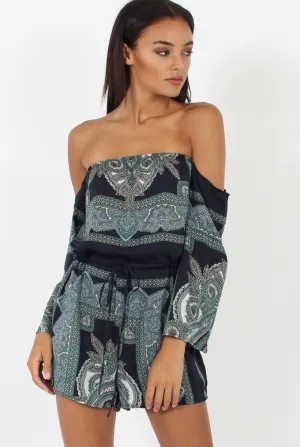 Blue Paisley Off The Shoulder Playsuit - Chelsey