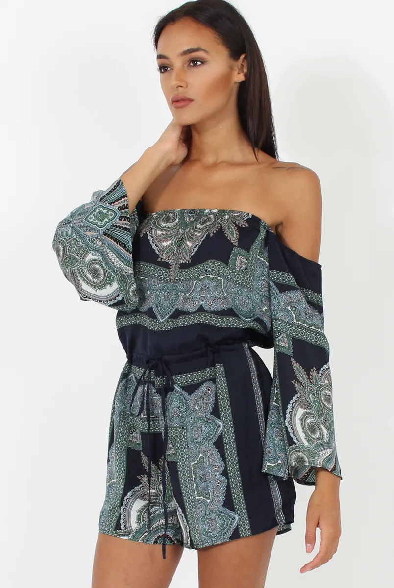 Blue Paisley Off The Shoulder Playsuit - Chelsey