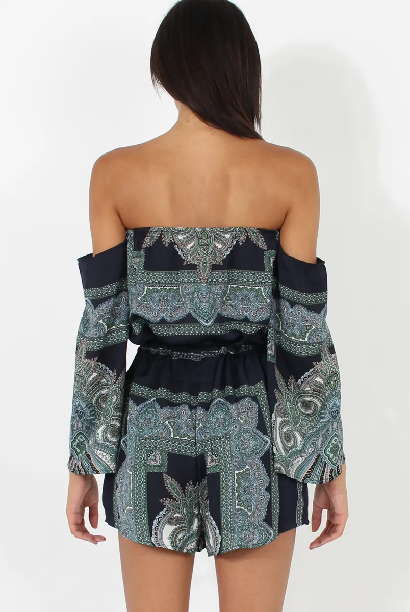 Blue Paisley Off The Shoulder Playsuit - Chelsey