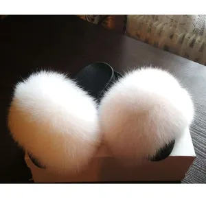 BY ORDER Off White Real Fox Fur Slides Women Girl Leather Beach Large Finnish Fox Fur Sandals Summer Slippers Fashion Fluffy Shoes Flip Flop