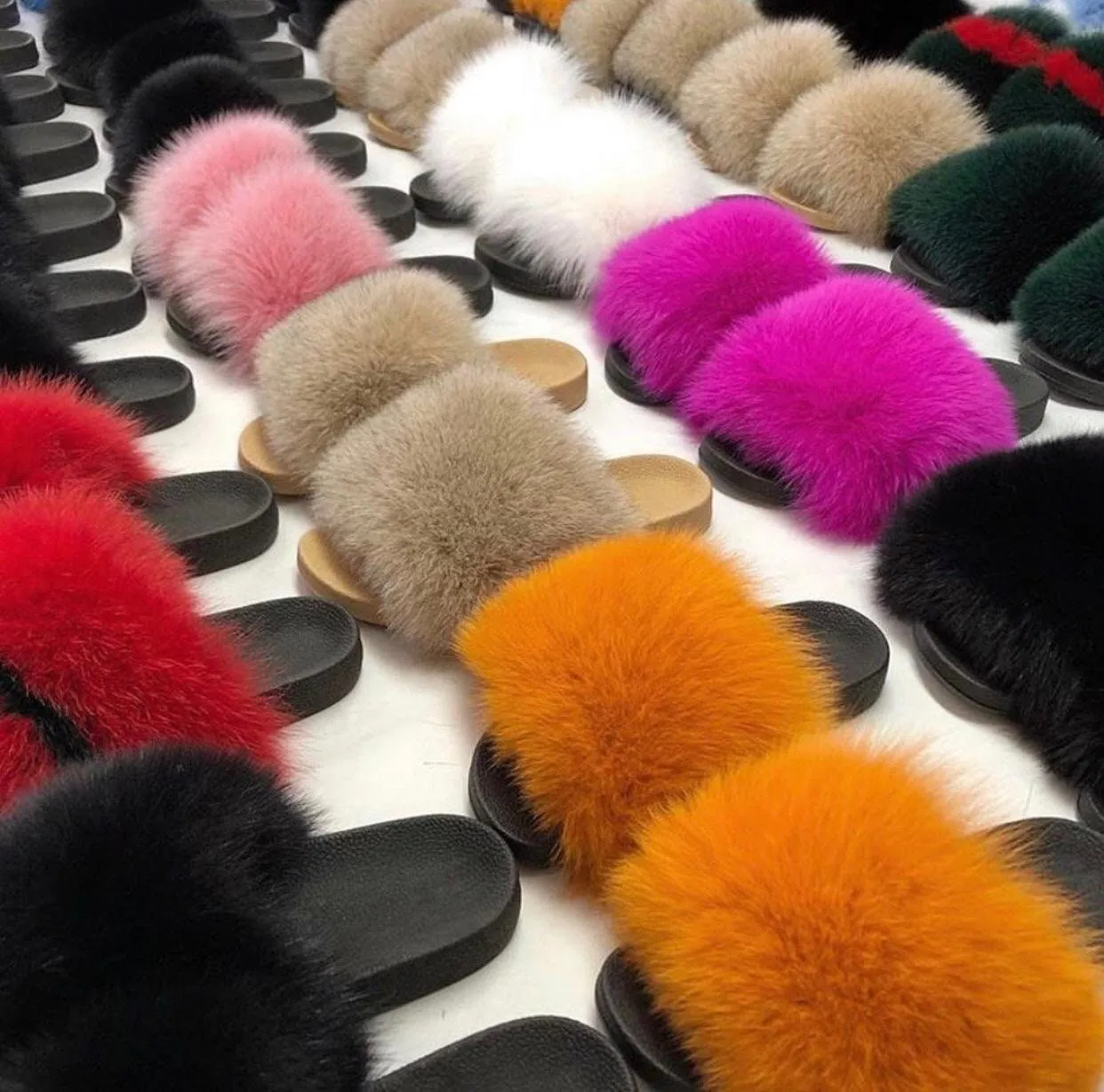 BY ORDER Off White Real Fox Fur Slides Women Girl Leather Beach Large Finnish Fox Fur Sandals Summer Slippers Fashion Fluffy Shoes Flip Flop