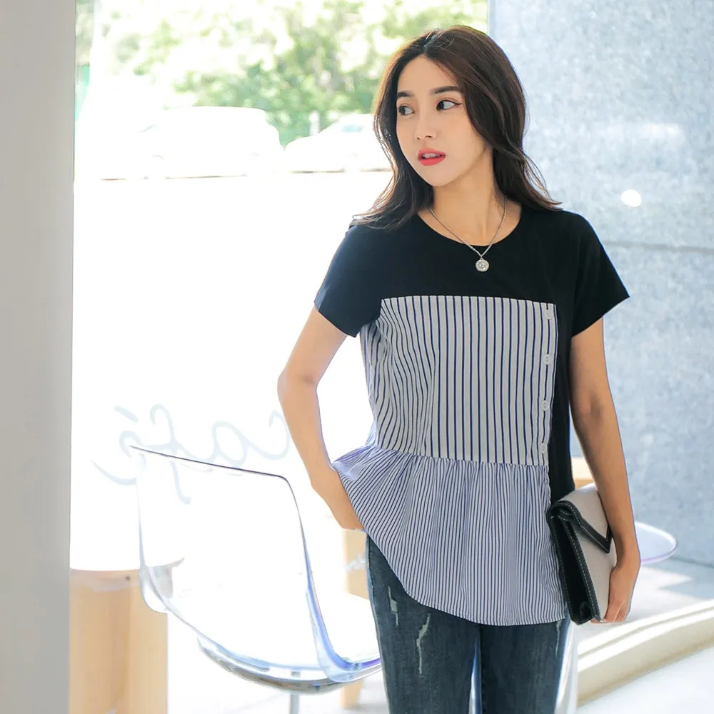 Casual Colorblock Ruffle Striped Cotton Blouse Top