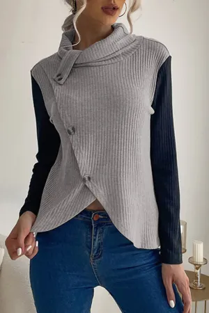 Casual Solid Buttons Asymmetrical Turtleneck Tops