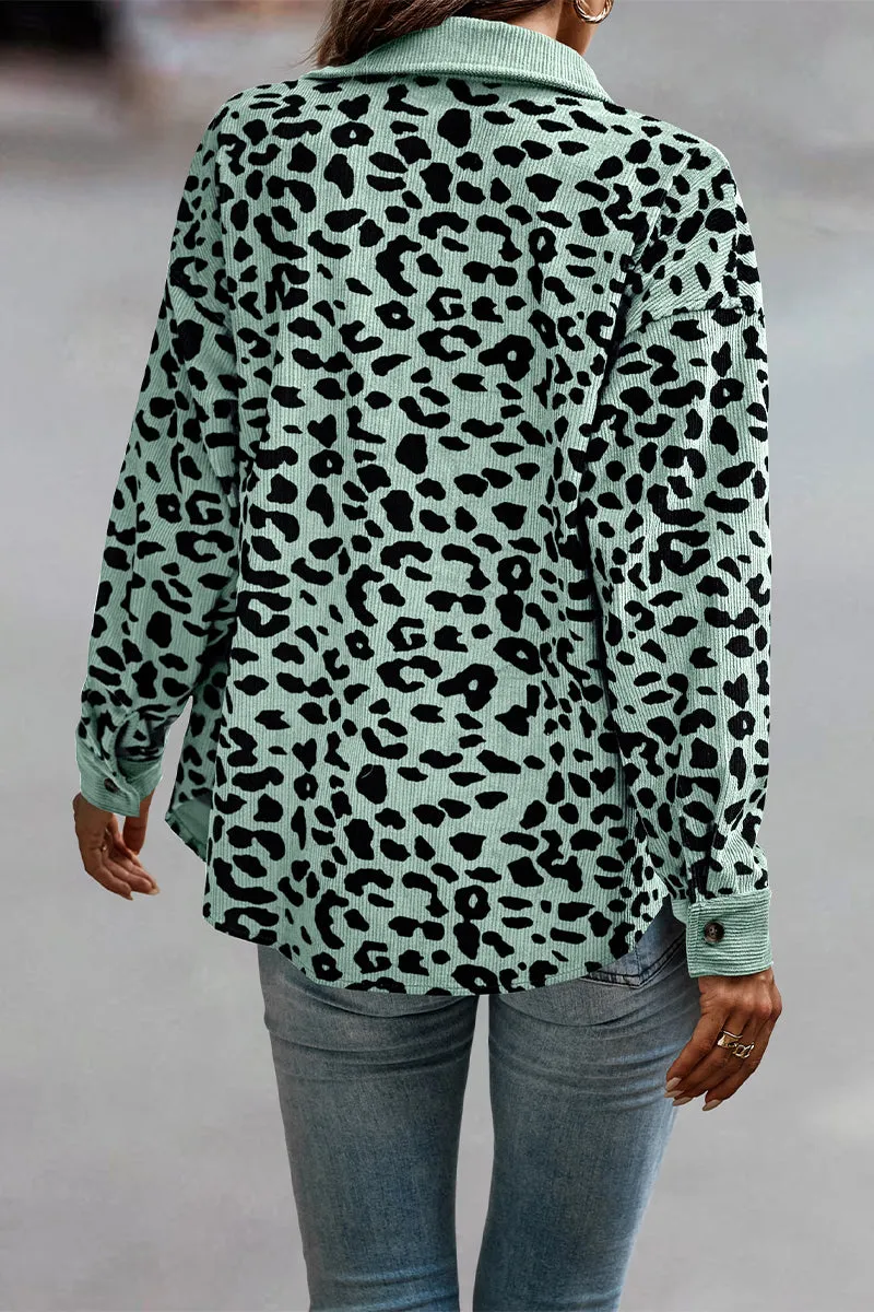 Casual Sweet Leopard Pocket Turndown Collar Tops