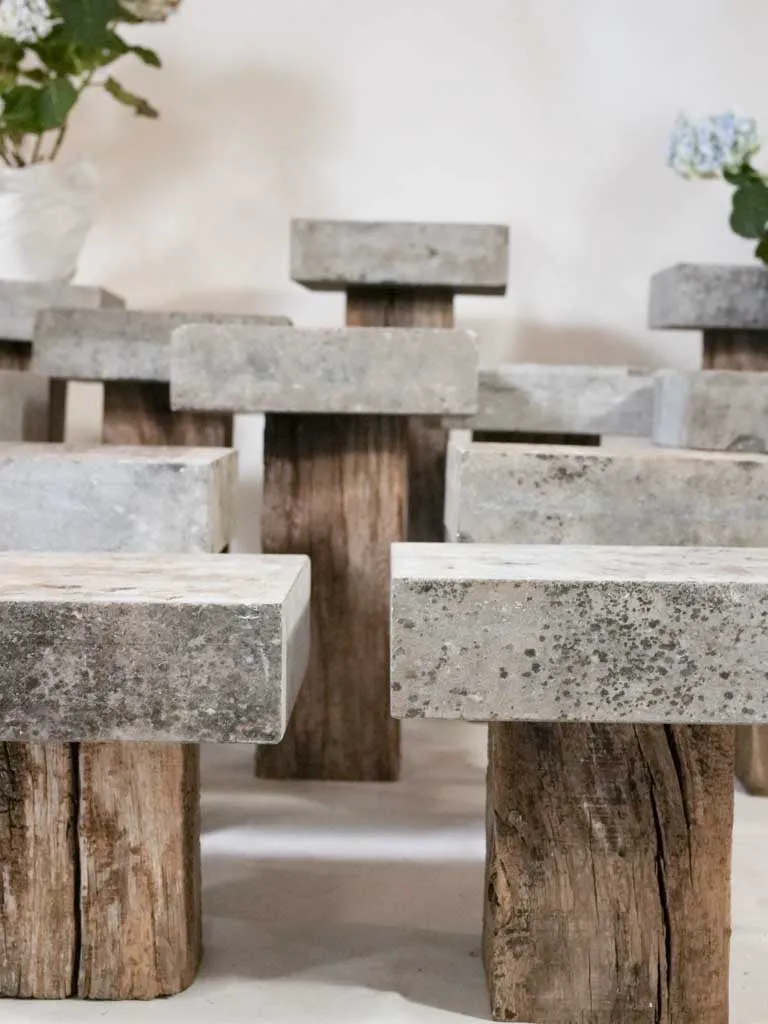 Collection of 14 bluestone and oak garden pedestals