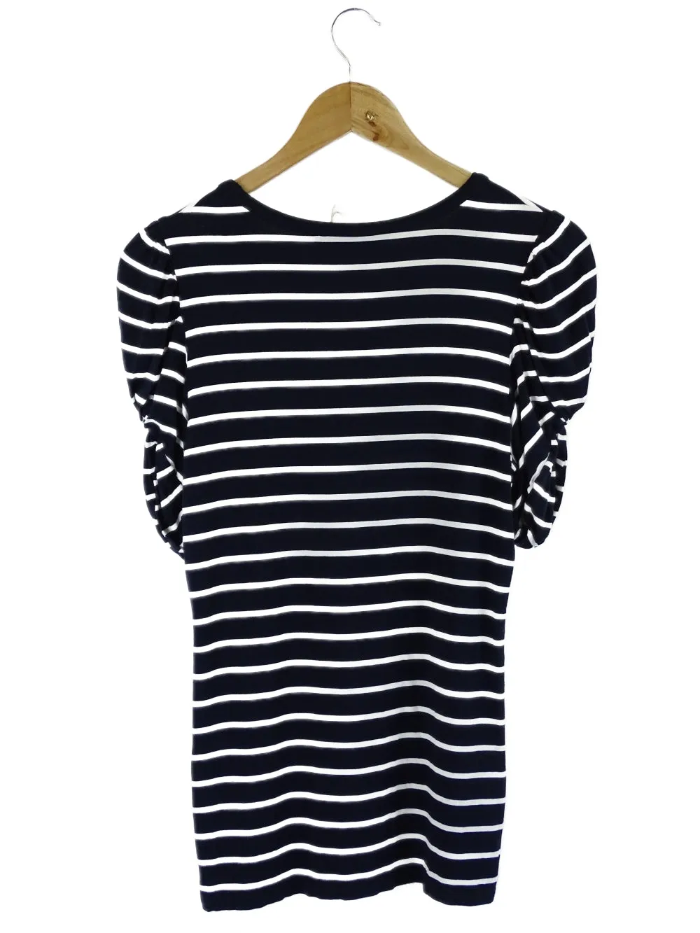 Decjuba Navy And White Striped Ruched Sleeve Top S