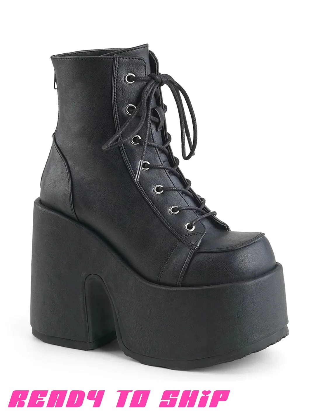 DEMONIA CAMEL 203 PLATFORM BOOTS - BLACK VEGAN LEATHER