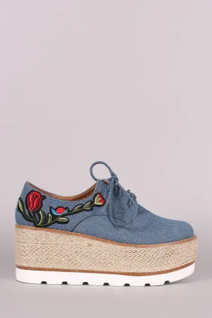 Denim Floral Patch Lace Up Espadrille Oxford Flatform Wedge