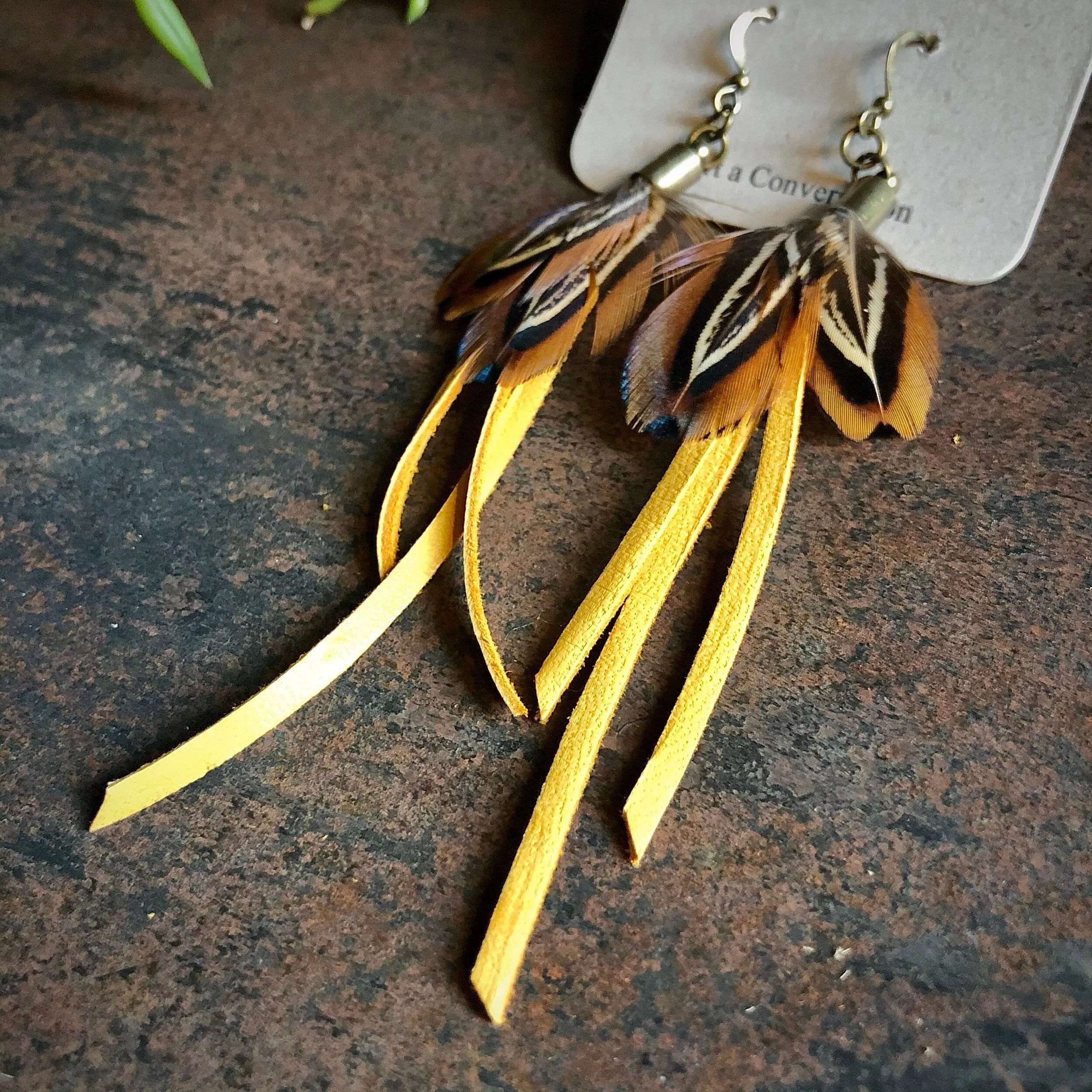 Earrings, Mini Feathers with Deerskin Tassels - SALE!