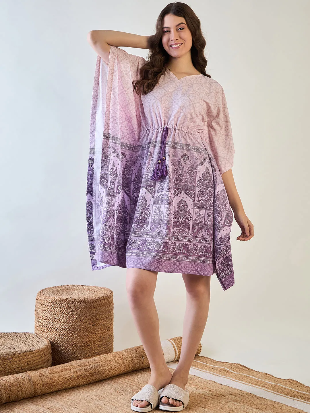 Elegant Purple Patterned Kaftan Dress with Tassel