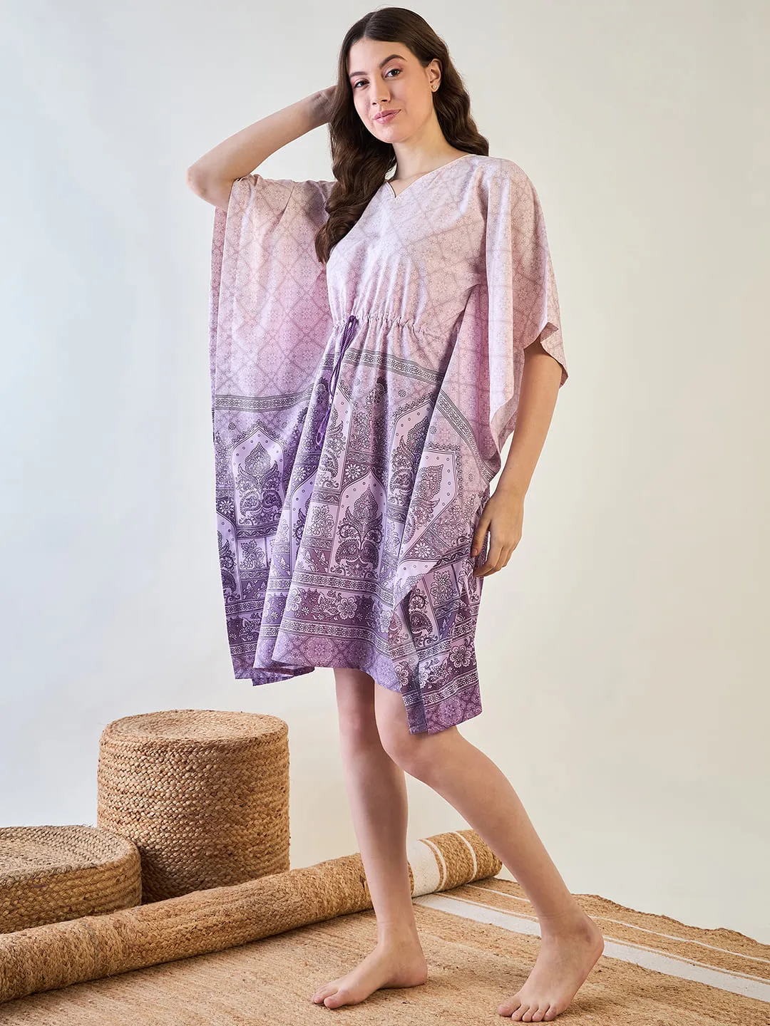 Elegant Purple Patterned Kaftan Dress with Tassel