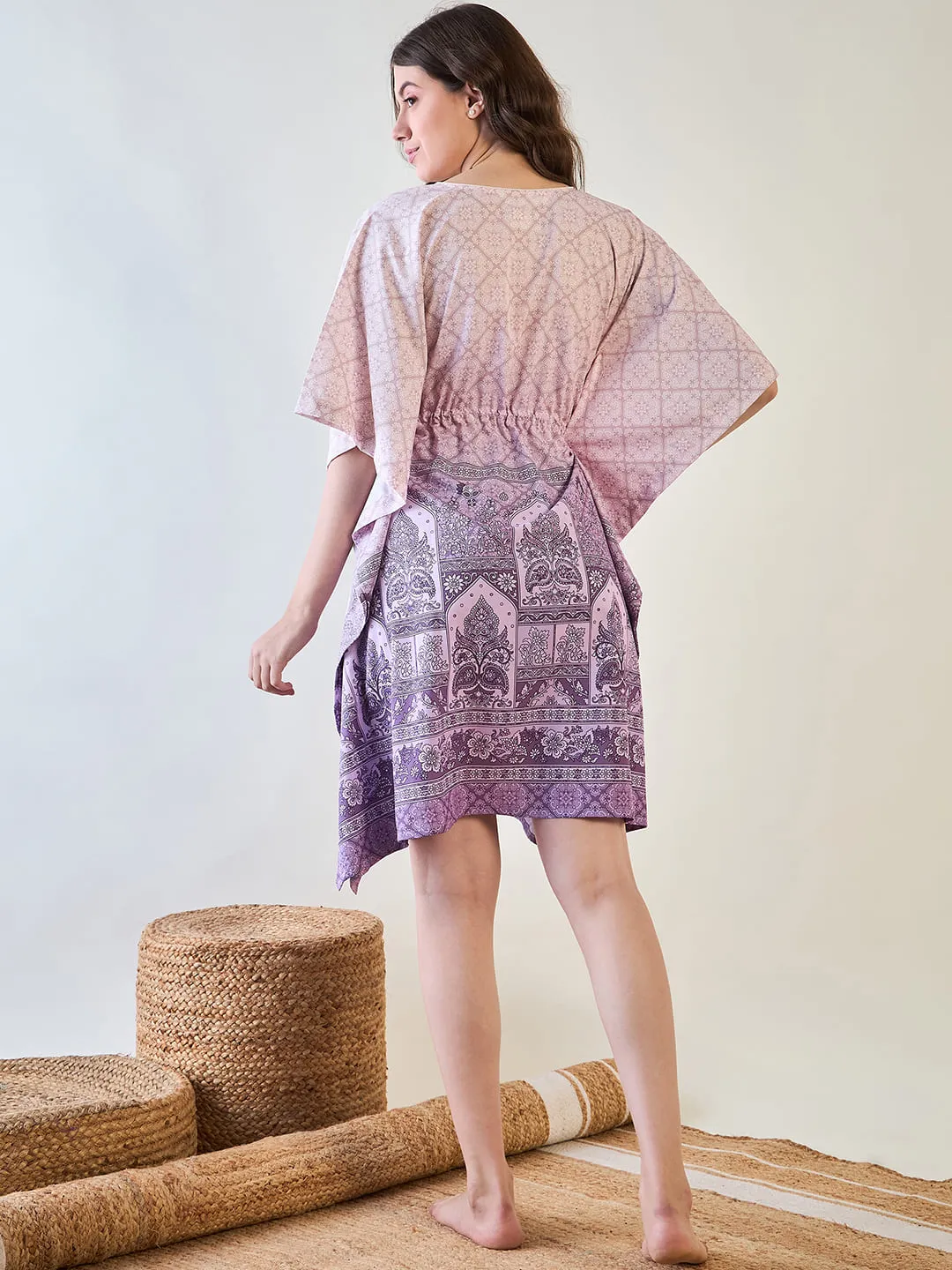 Elegant Purple Patterned Kaftan Dress with Tassel