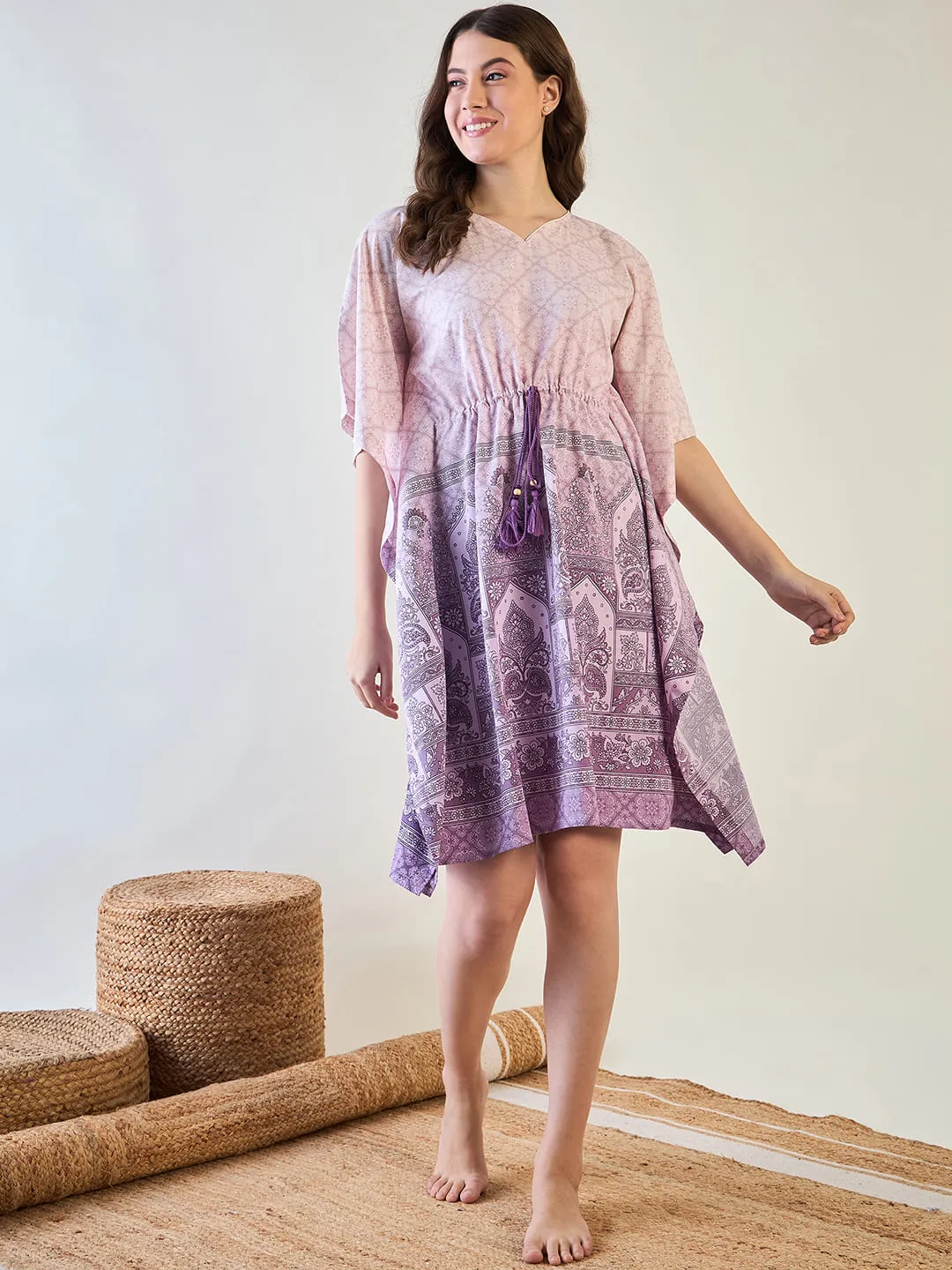 Elegant Purple Patterned Kaftan Dress with Tassel