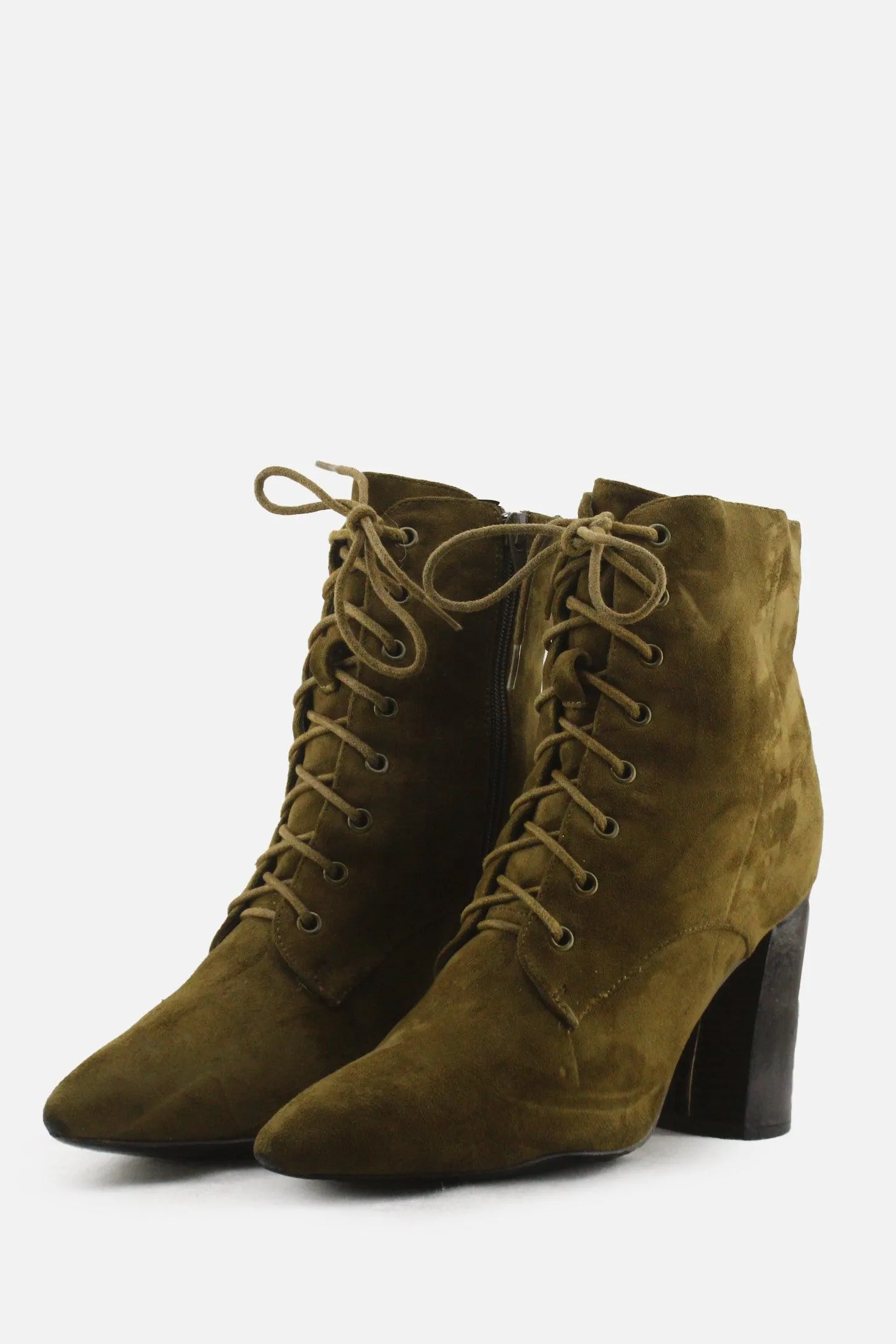 European Brand Zipper Laces Block Heels Ankle Boots | Suede