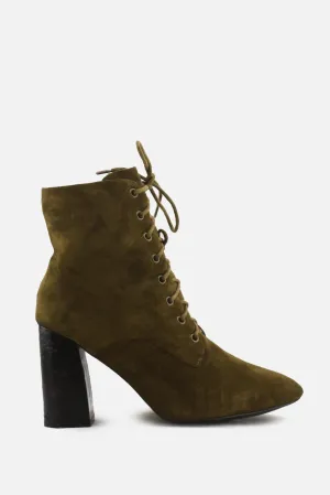 European Brand Zipper Laces Block Heels Ankle Boots | Suede