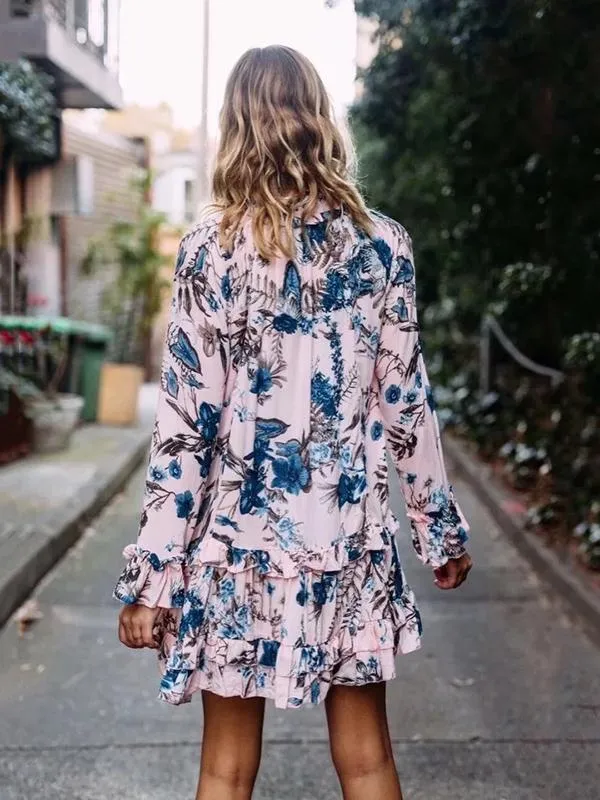 Floral Print Falbala A-line Bohemia Mini Dress