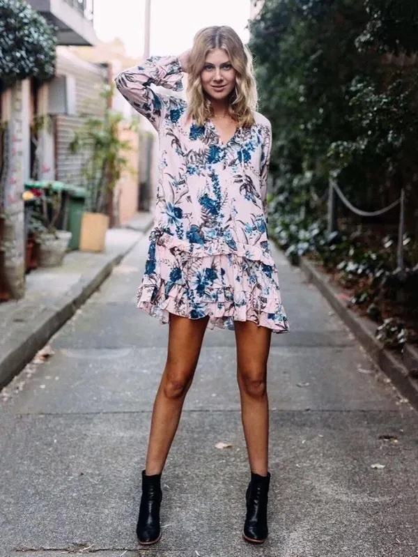 Floral Print Falbala A-line Bohemia Mini Dress