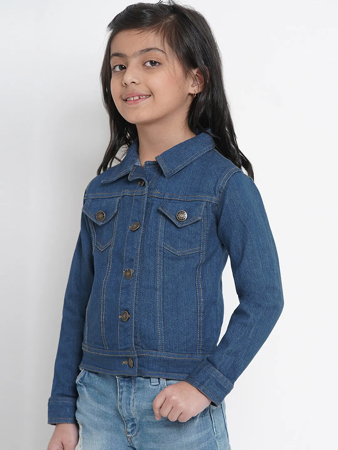 Girl's Blue Denim Solid Jacket Top  - NOZ2TOZ KIDS