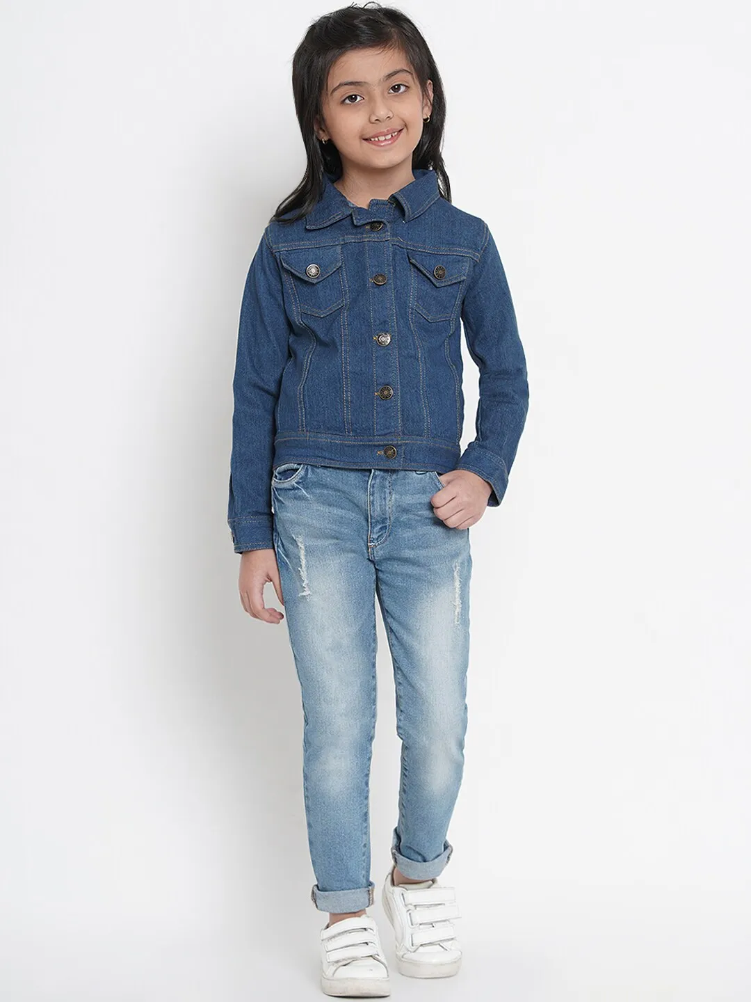 Girl's Blue Denim Solid Jacket Top  - NOZ2TOZ KIDS