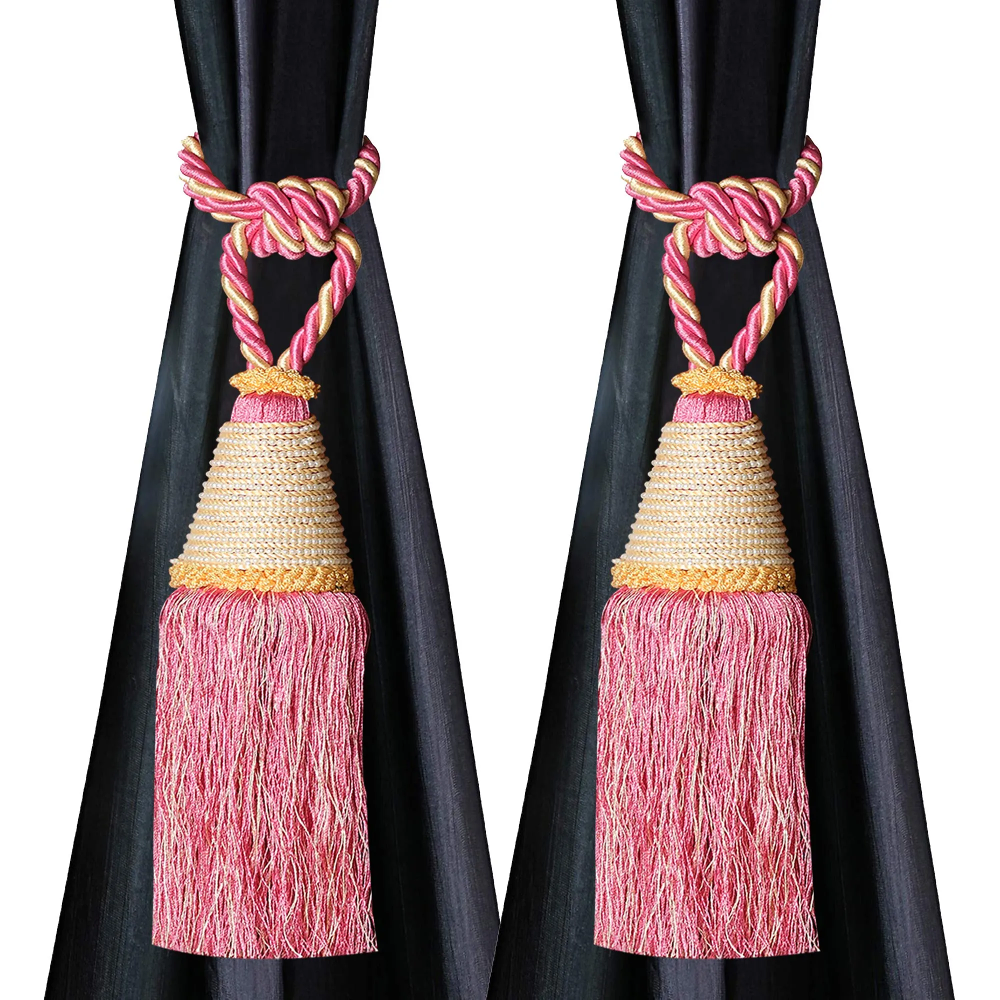 Kuber Industries Beads Beautiful Design Polyester 2 Pieces Curtain Tie Back Tassel Set (Pink) CTKTC33525