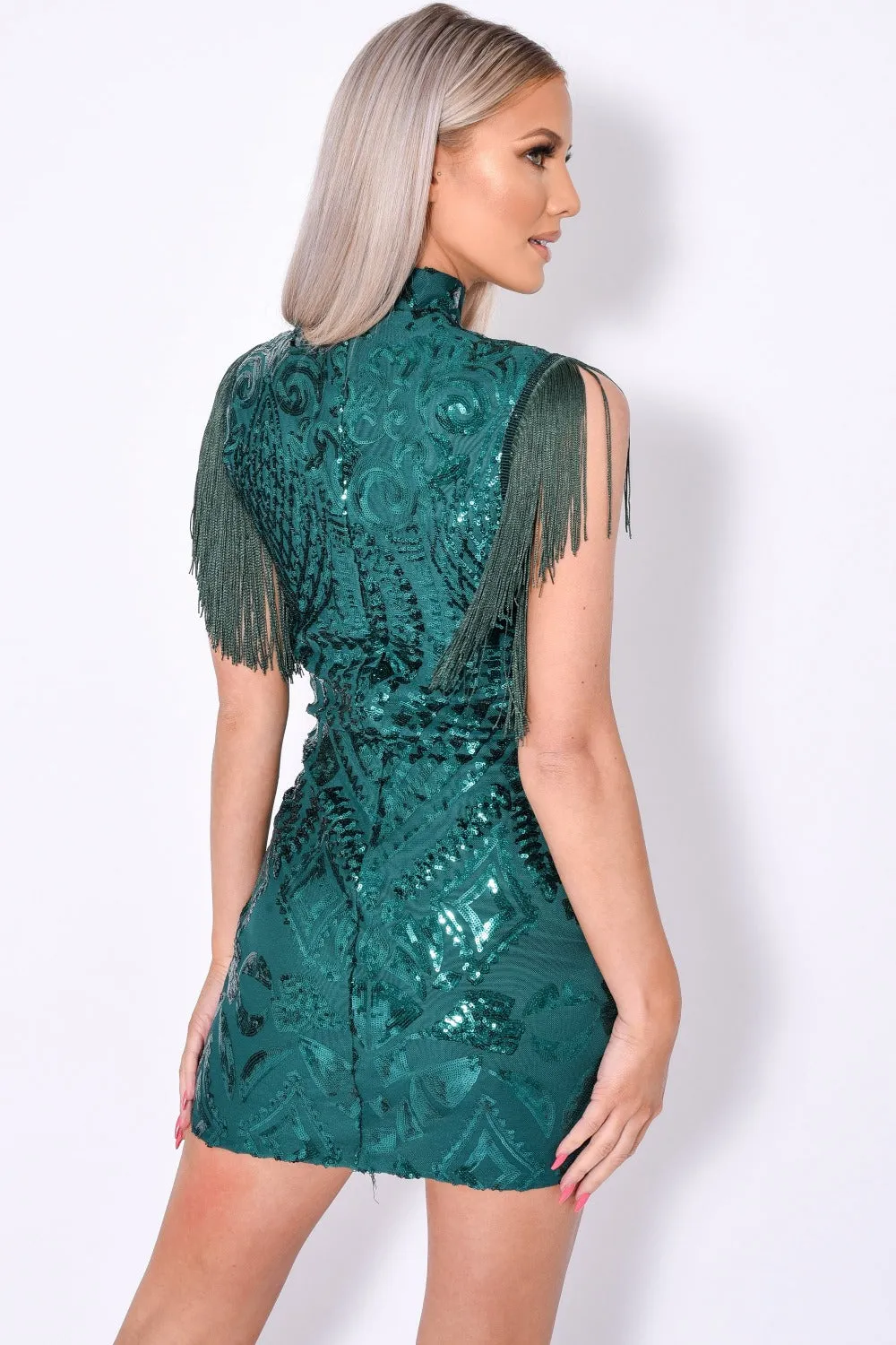 Kylie Vip Green Luxe Tassel Fringe Sequin Embellished Illusion Dress