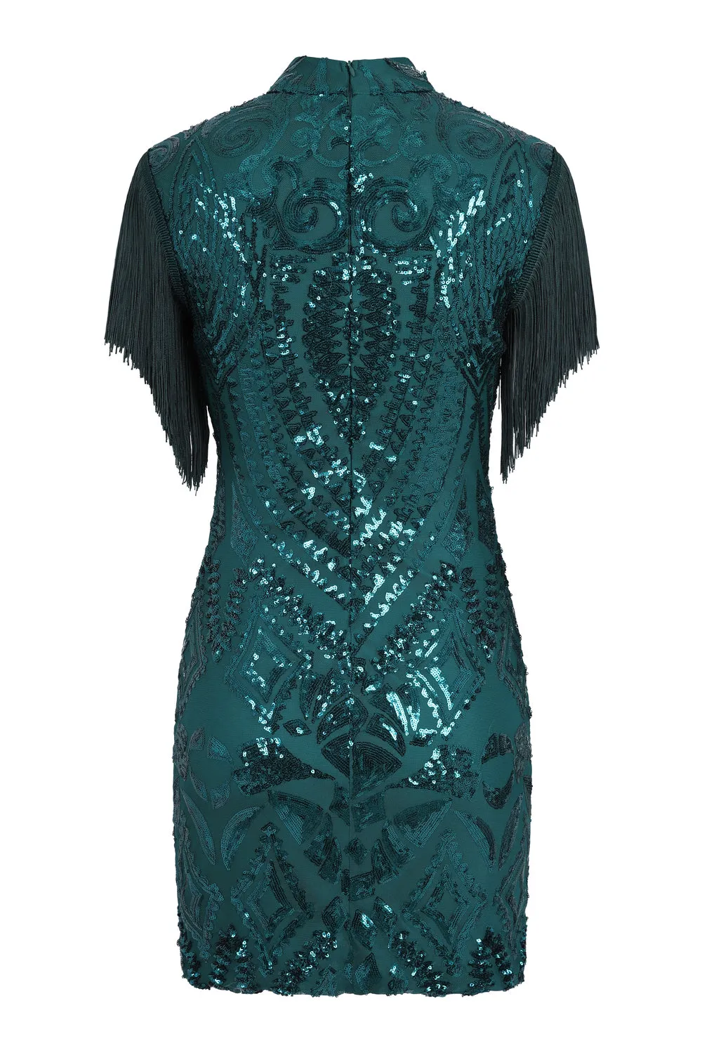 Kylie Vip Green Luxe Tassel Fringe Sequin Embellished Illusion Dress