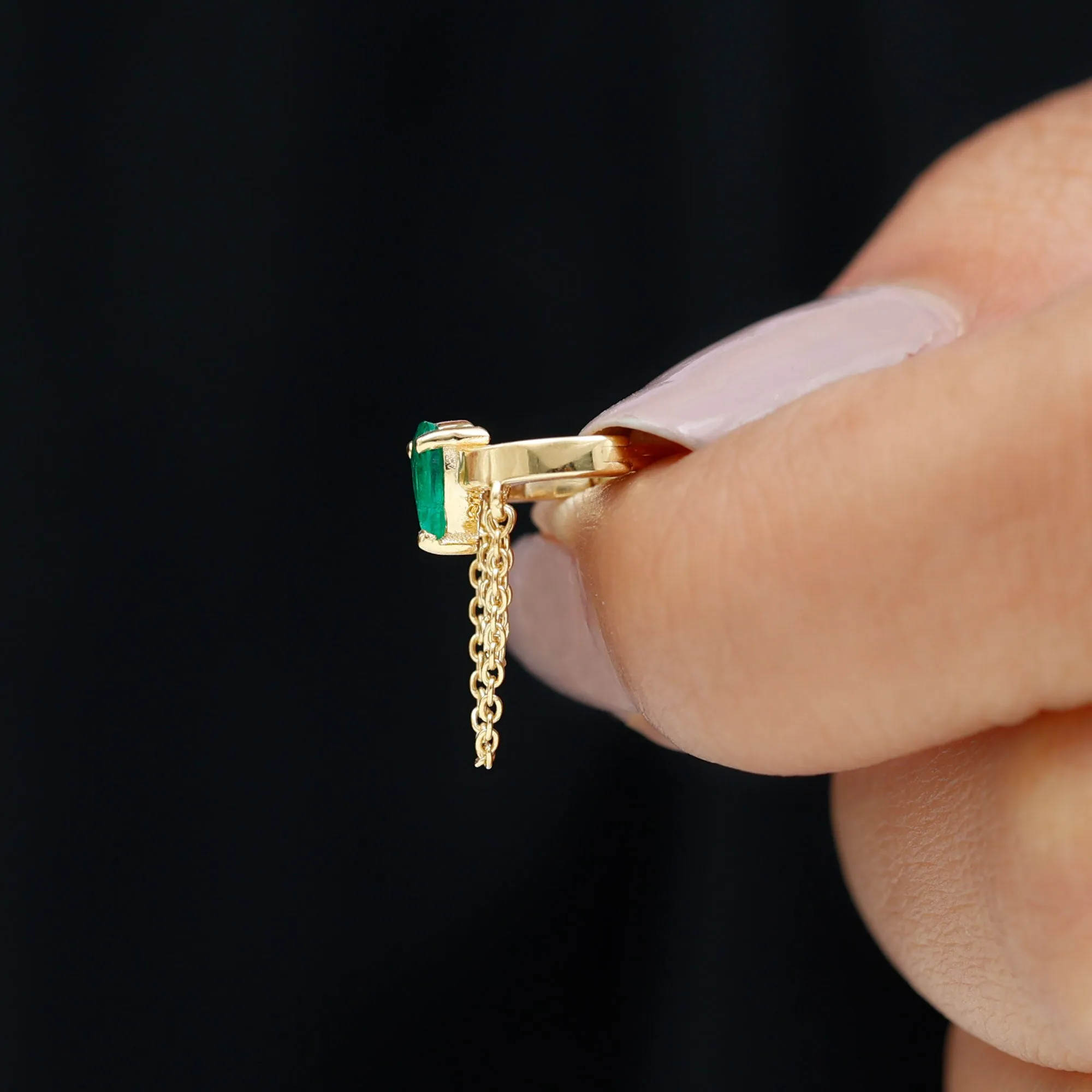 Pear Emerald Conch Hoop Earring with Dangling Chain