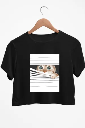 Peeping Cat Graphic Printed Black Crop Top