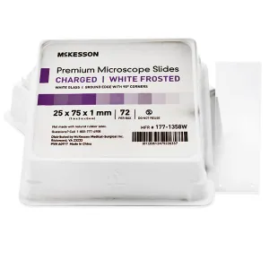 Premium Charged Microscope Slides with Beveled Edges 25 x 75 x 1 mm White Frosted Ends, 72/Box