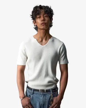 Ribbed Fitted V-Neck Open Collar Short Sleeve T-Shirt