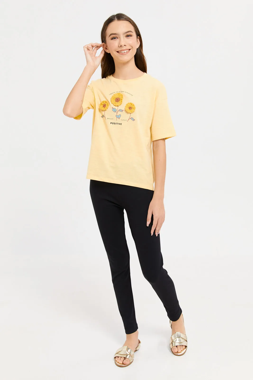 Senior Girls Yellow Crochet Embroidered T-Shirt