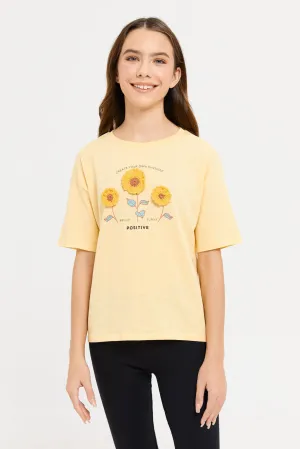 Senior Girls Yellow Crochet Embroidered T-Shirt