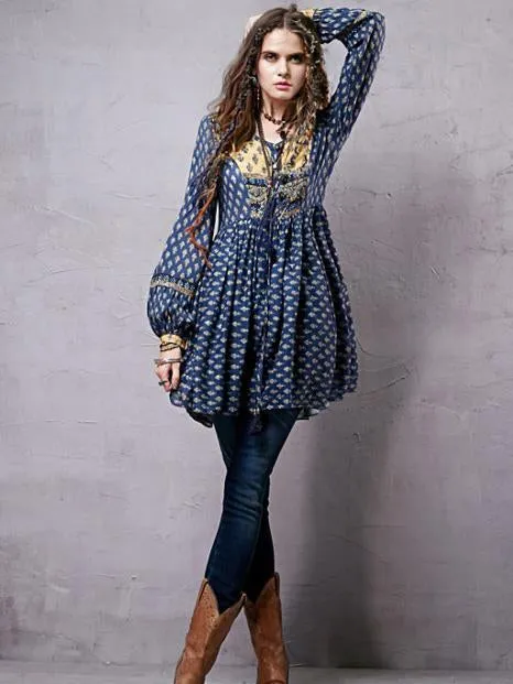 Split-joint Printed Shirt Mini Bohemia Dress