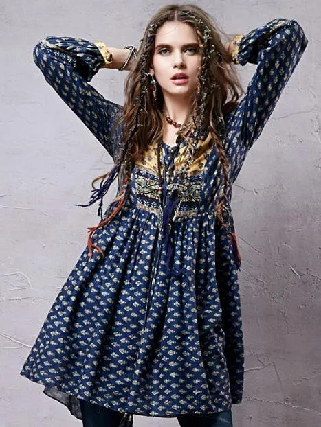 Split-joint Printed Shirt Mini Bohemia Dress