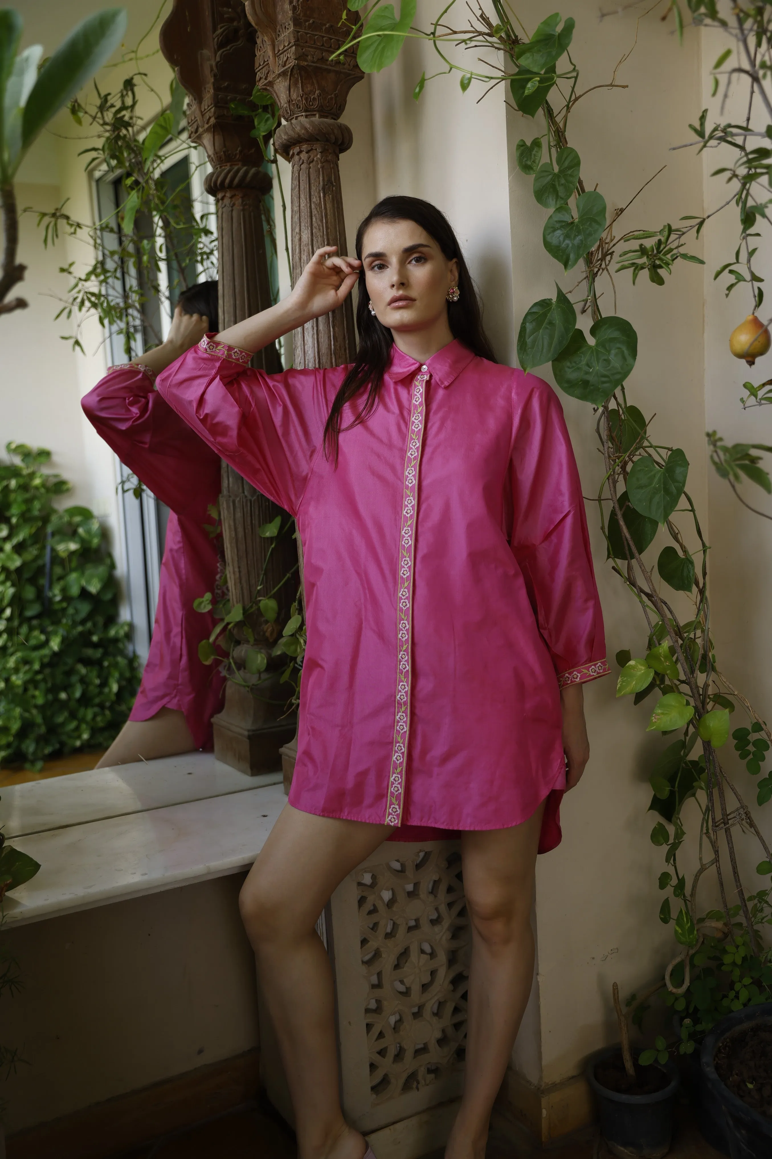 Striking Soft Silk Embroidered Shirt Dress