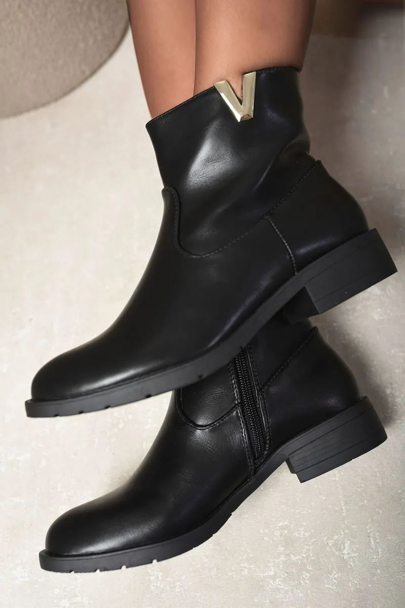 V-shaped Gold Ornament Zip Closure Flat Ankle Boots