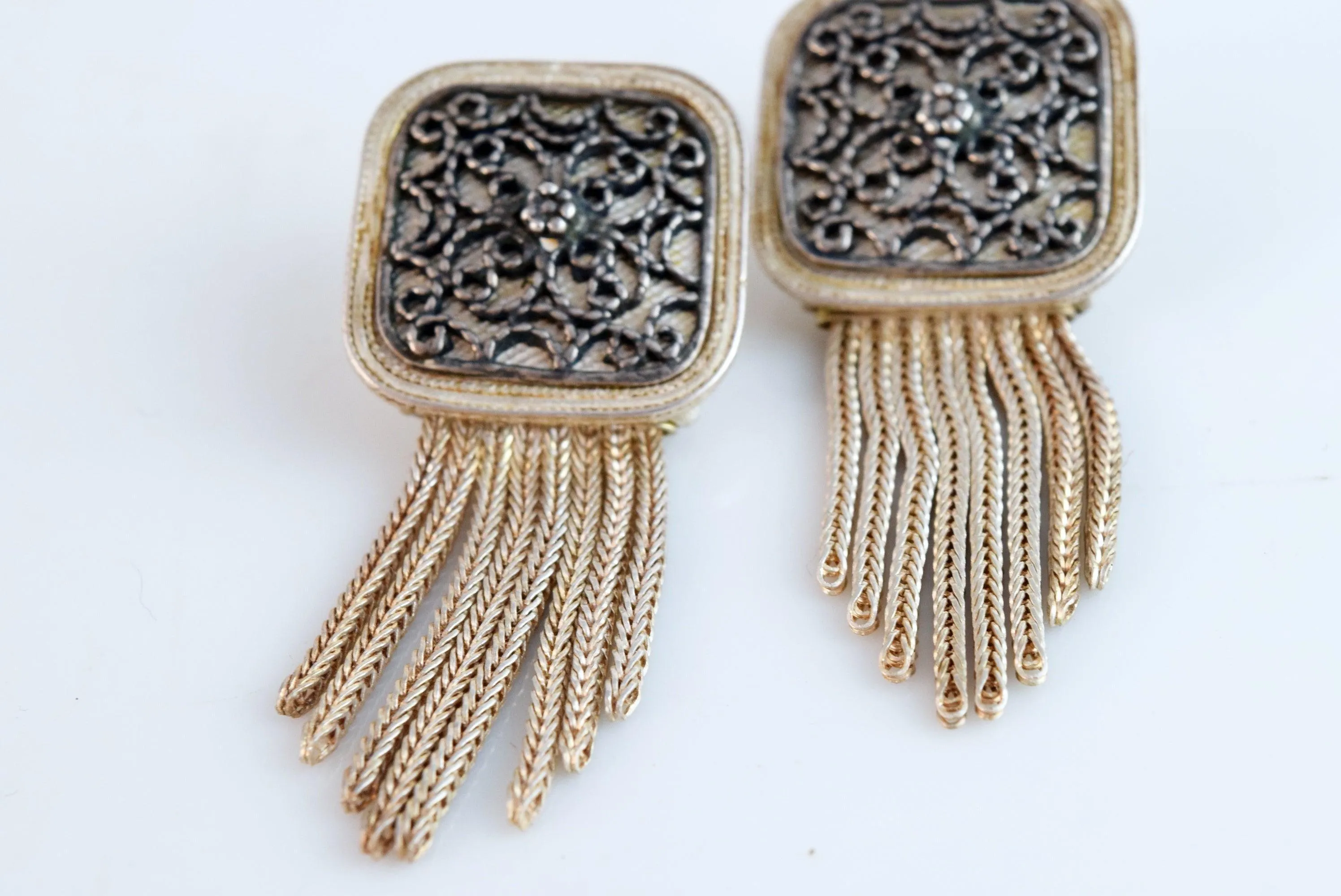 Vintage Turkish or Greek Earrings with Graduated Tassel of Foxtail Chains